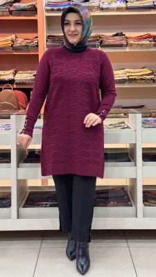 inza moda - Kendinden Desenli Merserize Triko Tunik Bordo/4846