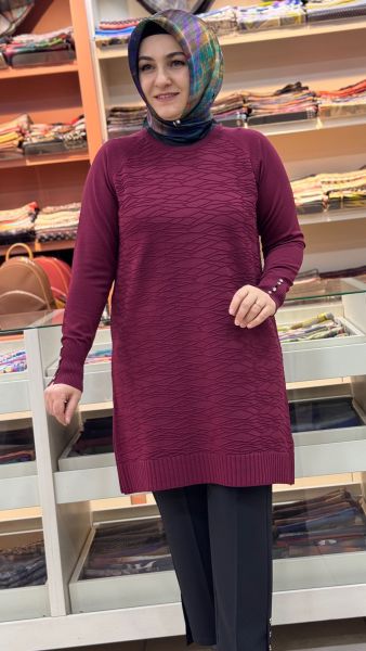 Kendinden Desenli Merserize Triko Tunik Bordo/4846