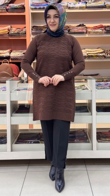 inza moda - Kendinden Desenli Merserize Triko Tunik Kahve/4846