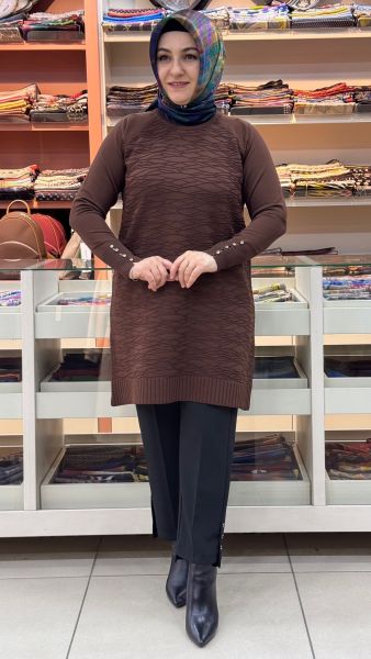 Kendinden Desenli Merserize Triko Tunik Kahve/4846