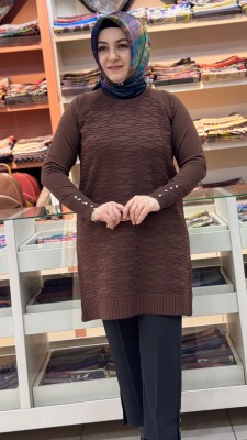 Kendinden Desenli Merserize Triko Tunik Kahve/4846 - Thumbnail