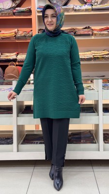 inza moda - Kendinden Desenli Merserize Triko Tunik Zümrüt/4846