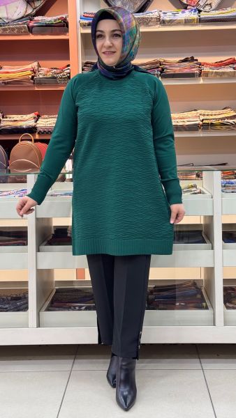 Kendinden Desenli Merserize Triko Tunik Zümrüt/4846