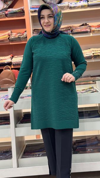 Kendinden Desenli Merserize Triko Tunik Zümrüt/4846