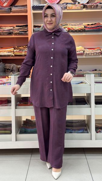 Kendinden Desenli Pantolonlu Takım Mürdüm/263170