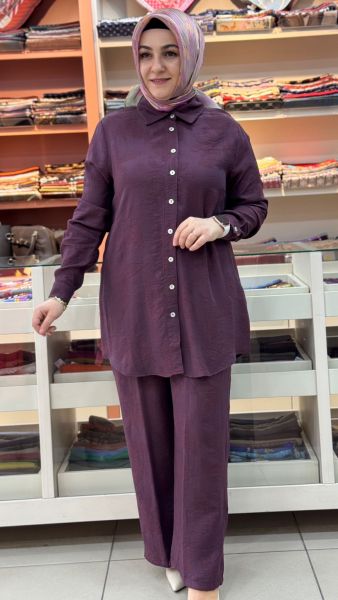 Kendinden Desenli Pantolonlu Takım Mürdüm/263170