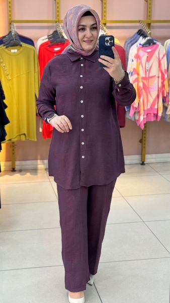 Kendinden Desenli Pantolonlu Takım Mürdüm/263170