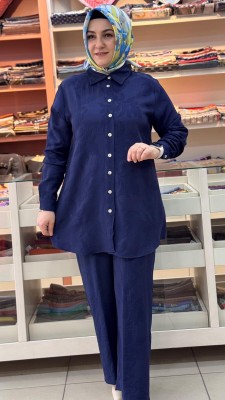 Kendinden Desenli Pantolonlu Takım Lacivert/263170 - Thumbnail