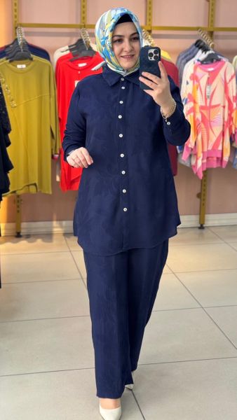 Kendinden Desenli Pantolonlu Takım Lacivert/263170