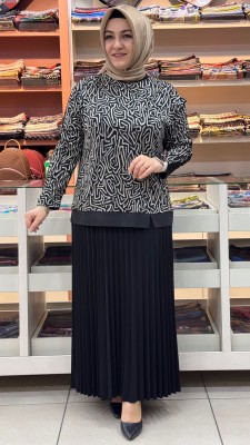 Kendinden Desenli Pileli Etekli Takım Siyah/111301 - Thumbnail