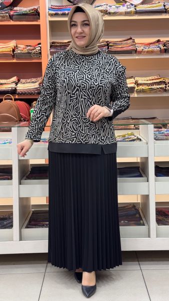 Kendinden Desenli Pileli Etekli Takım Siyah/111301