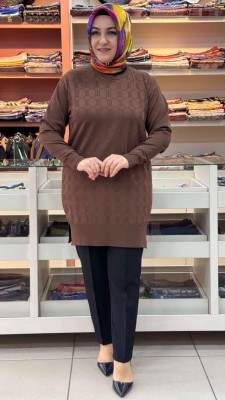 inza moda - Kendinden Desenli Triko Tunik Kahve/1871