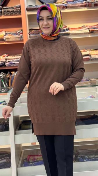 Kendinden Desenli Triko Tunik Kahve/1871