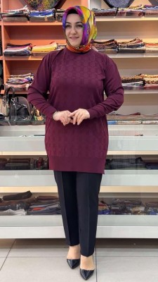Kendinden Desenli Triko Tunik Bordo/1871 - Thumbnail