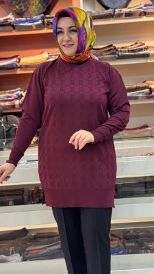Kendinden Desenli Triko Tunik Bordo/1871 - Thumbnail