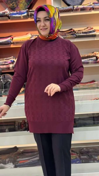 Kendinden Desenli Triko Tunik Bordo/1871