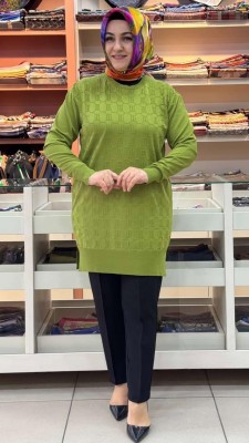 inza moda - Kendinden Desenli Triko Tunik Yeşil/1871