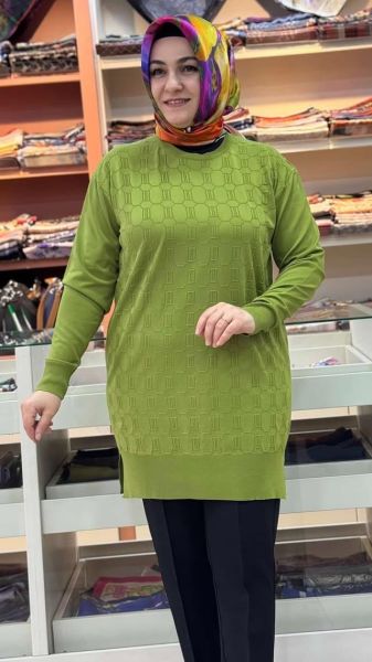 Kendinden Desenli Triko Tunik Yeşil/1871