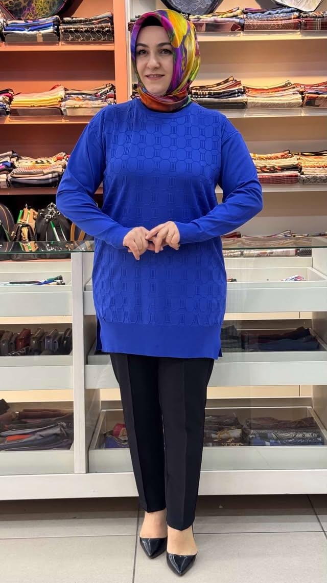 inza moda - Kendinden Desenli Triko Tunik Saks/1871