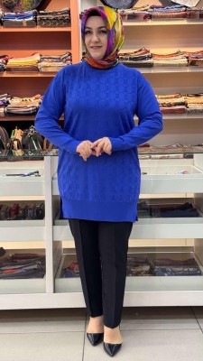 inza moda - Kendinden Desenli Triko Tunik Saks/1871