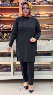 Kendinden Desenli Triko Tunik Siyah/1871 - Thumbnail