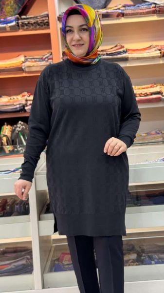 Kendinden Desenli Triko Tunik Siyah/1871