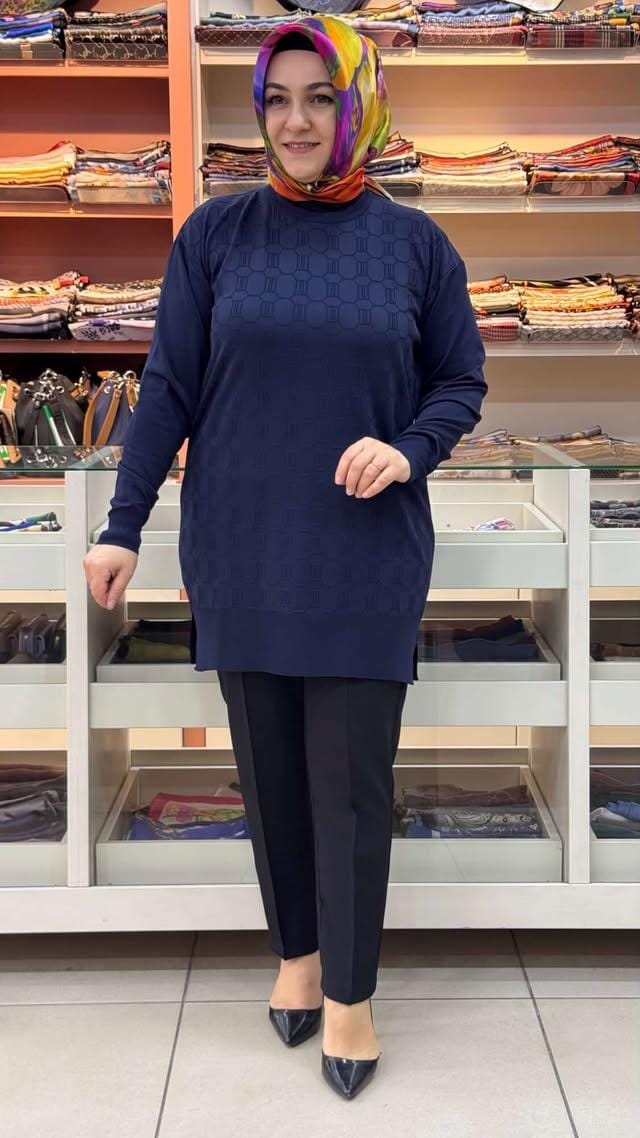 inza moda - Kendinden Desenli Triko Tunik Lacivert/1871