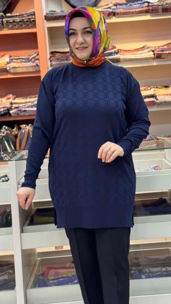 Kendinden Desenli Triko Tunik Lacivert/1871