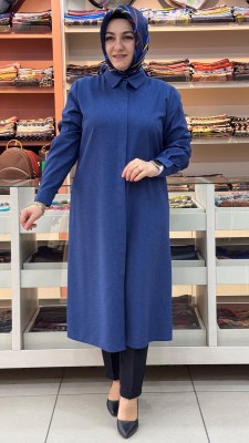 Keten Görünümlü Basic Uzun Tunik İndigo/4209 - Thumbnail