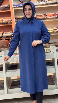 Keten Görünümlü Basic Uzun Tunik İndigo/4209 - Thumbnail