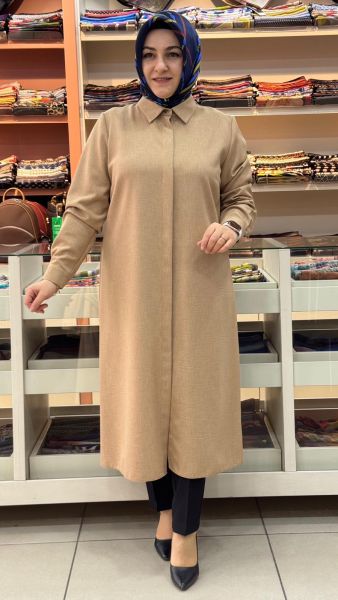 Keten Görünümlü Basic Uzun Tunik Camel/4209