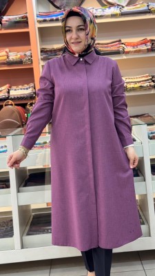 Keten Görünümlü Basic Uzun Tunik Mor/4209 - Thumbnail