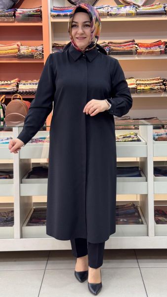 Keten Görünümlü Basic Uzun Tunik Siyah/4209