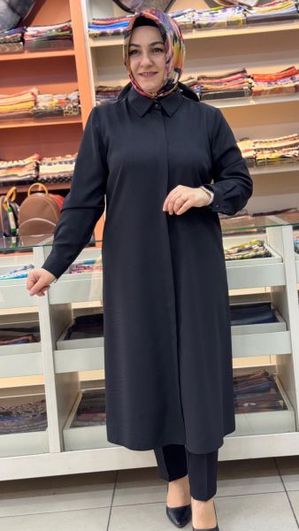 Keten Görünümlü Basic Uzun Tunik Siyah/4209