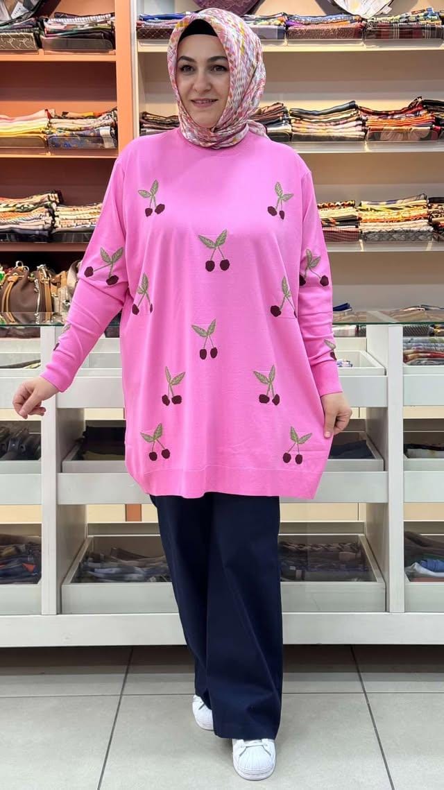  - Kirazlı Triko Tunik Pembe/2560