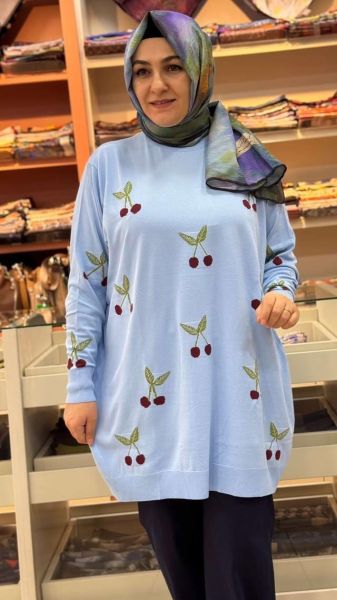 Kirazlı Triko Tunik Mavi/2560