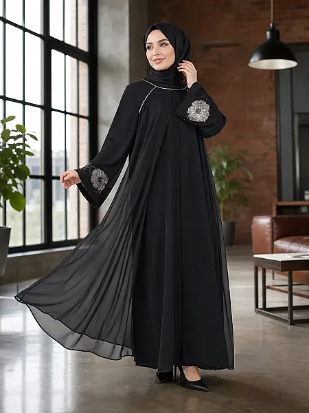 Kolları Boncuk İşlemeli Abaya Elbise Siyah / 50028