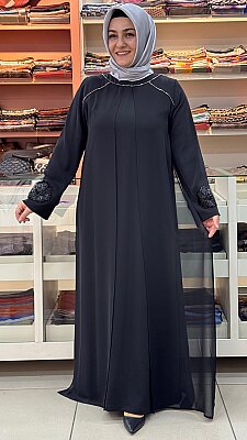 Kolları Boncuk İşlemeli Abaya Elbise Siyah / 50028 - Thumbnail