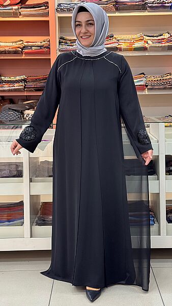 Kolları Boncuk İşlemeli Abaya Elbise Siyah / 50028