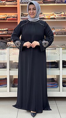 Kolları Boncuk İşlemeli Abaya Elbise Siyah / 50028 - Thumbnail