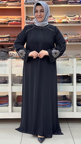 Kolları Boncuk İşlemeli Abaya Elbise Siyah / 50028