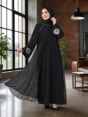 Behrem - Kolları Boncuk İşlemeli Abaya Elbise Siyah / 50028