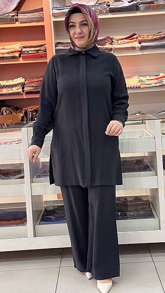 Kolları Çiçek Detaylı Pantolonlu Takım Siyah/3014 