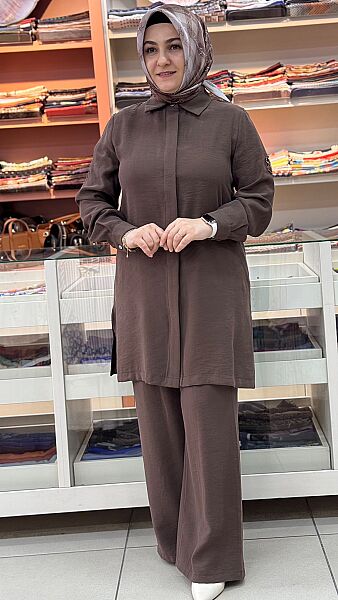 Kolları Çiçek Detaylı Pantolonlu Takım Kahve/3014