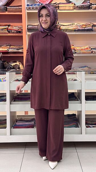 Kolları Çiçek Detaylı Pantolonlu Takım Mürdüm/3014