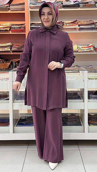 Kolları Çiçek Detaylı Pantolonlu Takım Mürdüm/3014