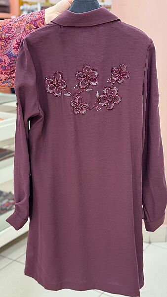 Kolları Çiçek Detaylı Pantolonlu Takım Mürdüm/3014