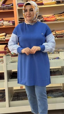 Kolları Çizgi Detaylı Tunik Mavi/257436 - Thumbnail