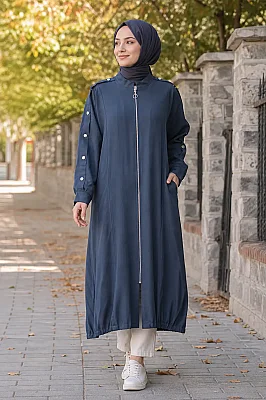 Puane - Kolları Düğme Detaylı Kap Lacivert/15290