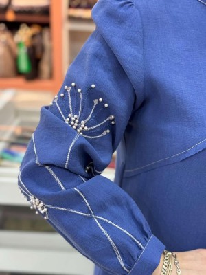 Kolları İnci Detaylı Elbise İndigo/5164 - Thumbnail